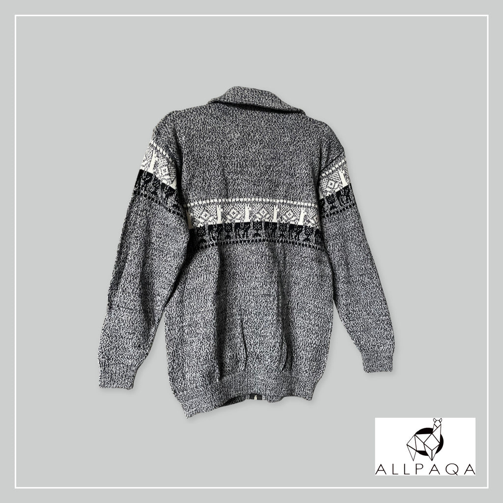 Handmade alpaca zip-up cardigan in dark grey with black alpaca pattern