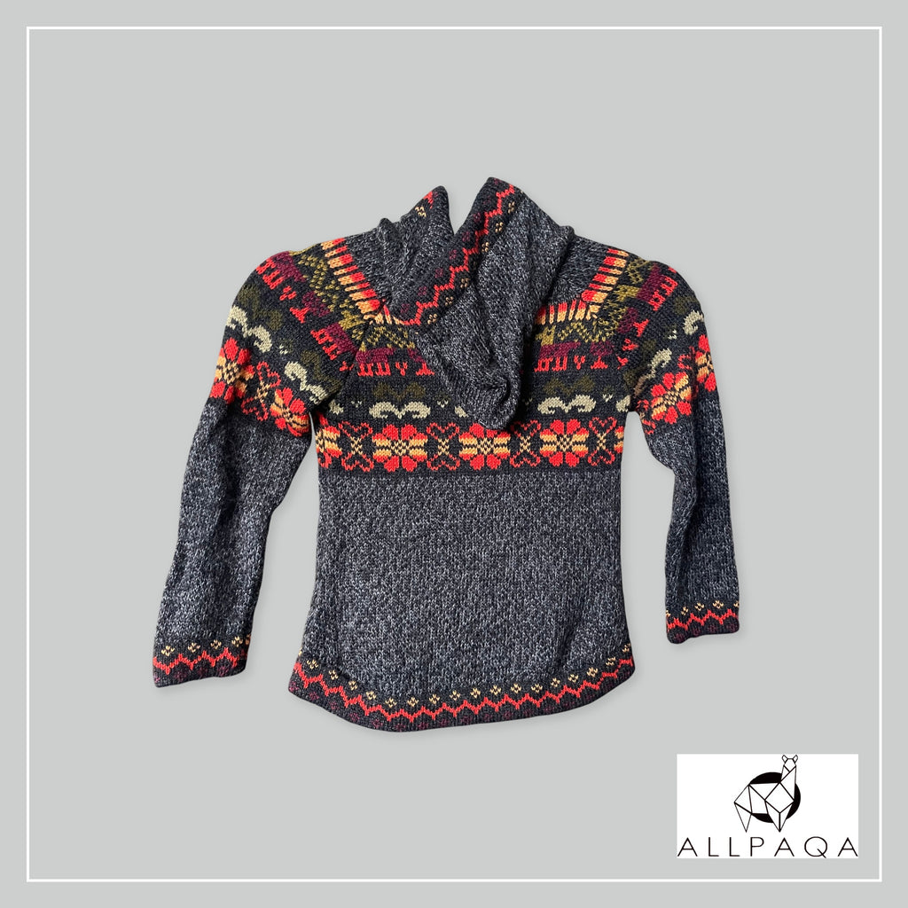 Handmade kids alpaca zip-up hoodie in dark grey with colourful details