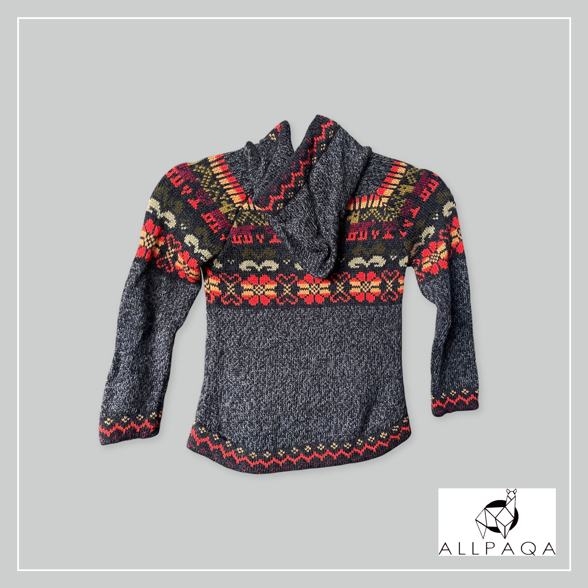 Handmade kids alpaca zip-up hoodie in dark grey with colourful details