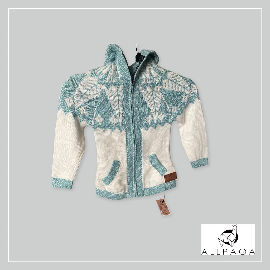 Handmade kids alpaca zip-up hoodie in white with light turquoise green
