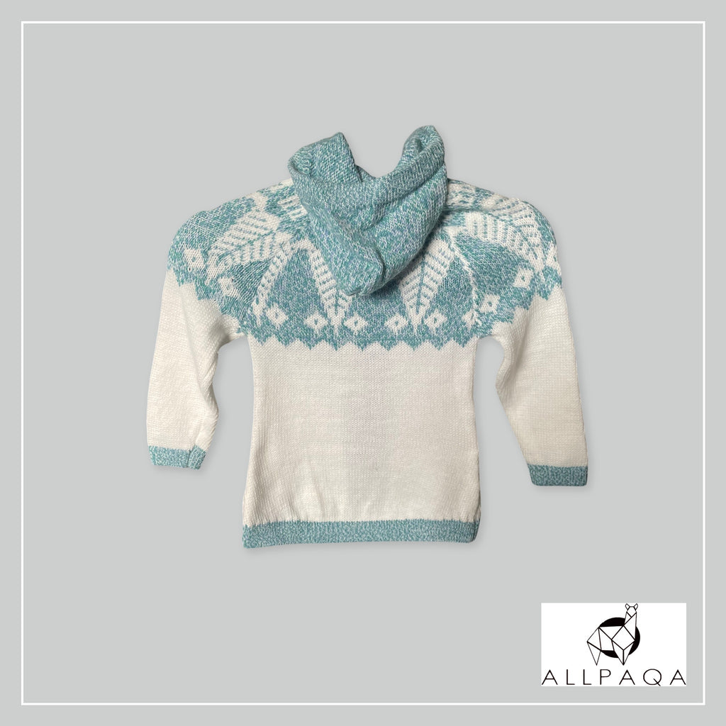 Handmade kids alpaca zip-up hoodie in white with light