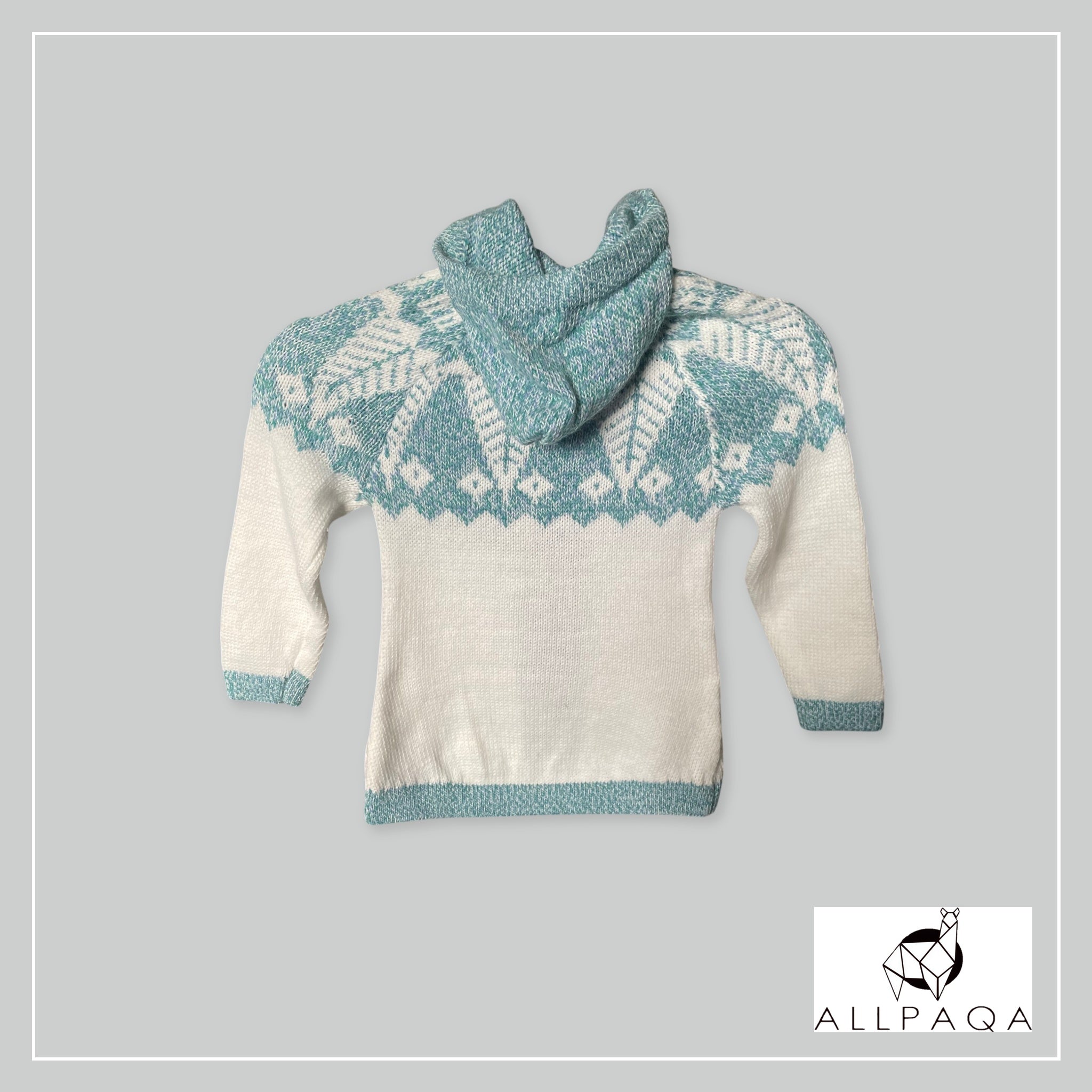 Handmade kids alpaca zip-up hoodie in white with light
