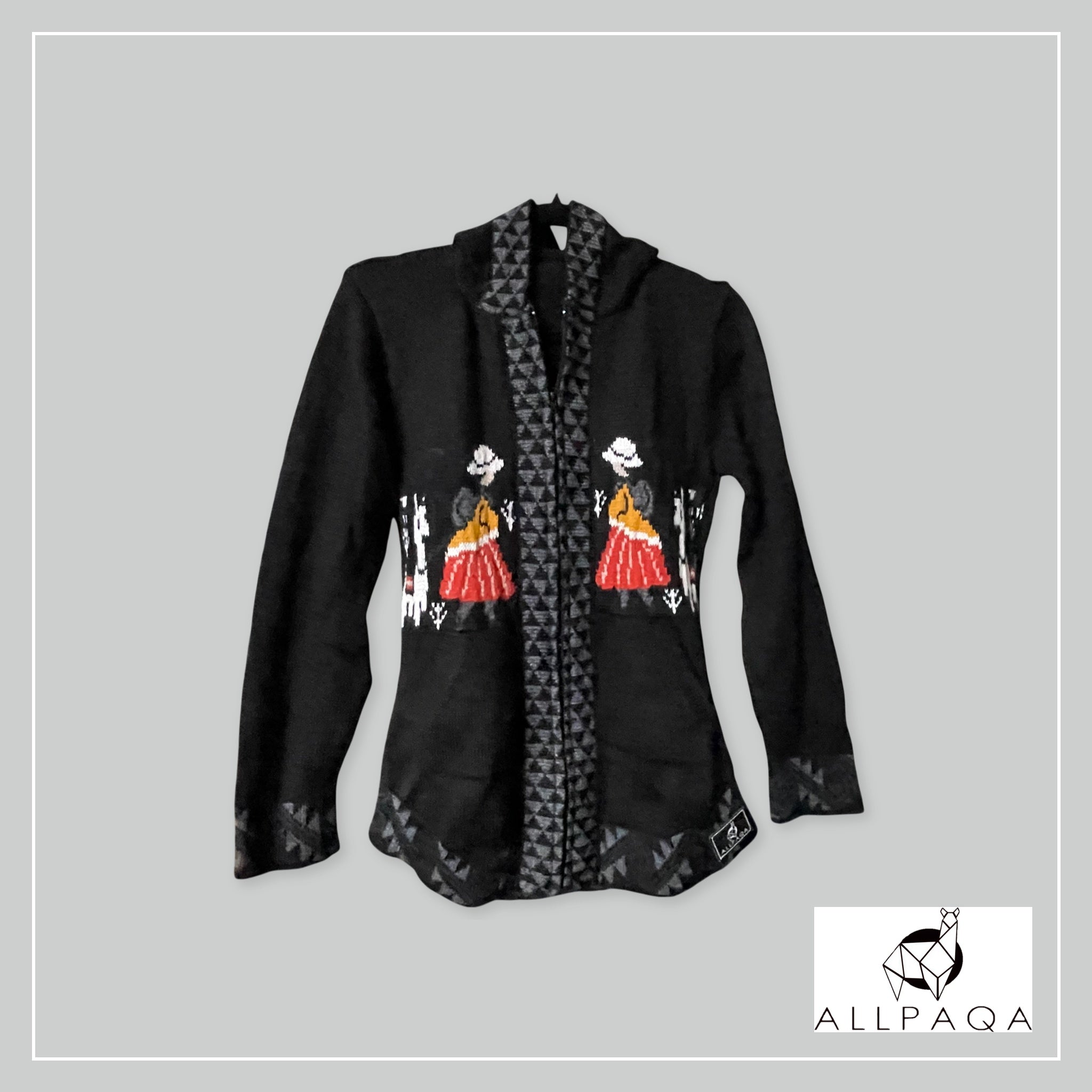 Handmade alpaca zip-up hoodie with Cholitas and alpacas detail