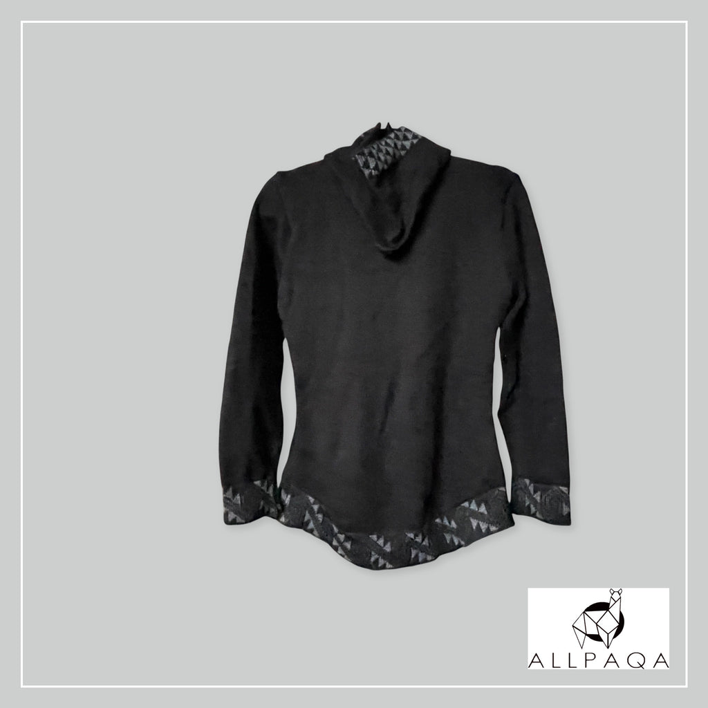 Handmade alpaca zip-up hoodie with Cholitas and alpacas detail