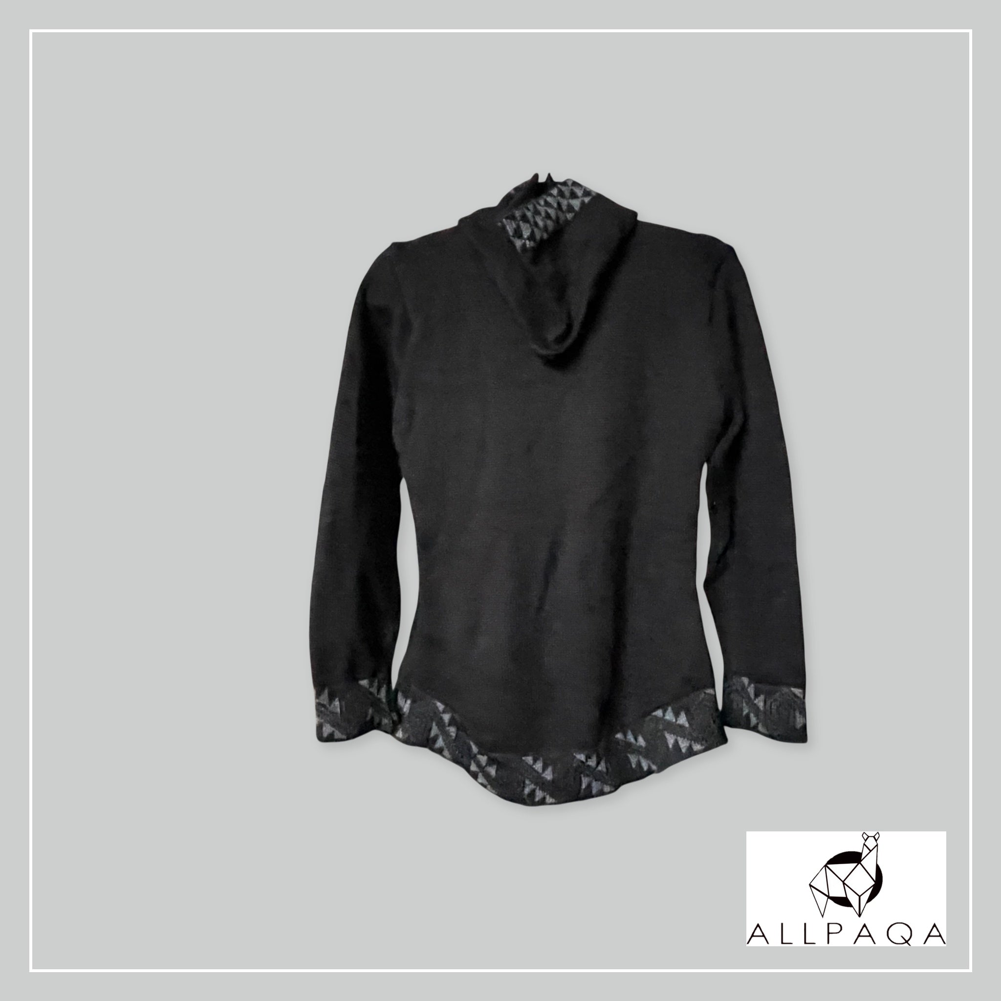Handmade alpaca zip-up hoodie with Cholitas and alpacas detail