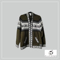 Handmade alpaca zip-up hoodie in olive green with grey and white alpaca pattern