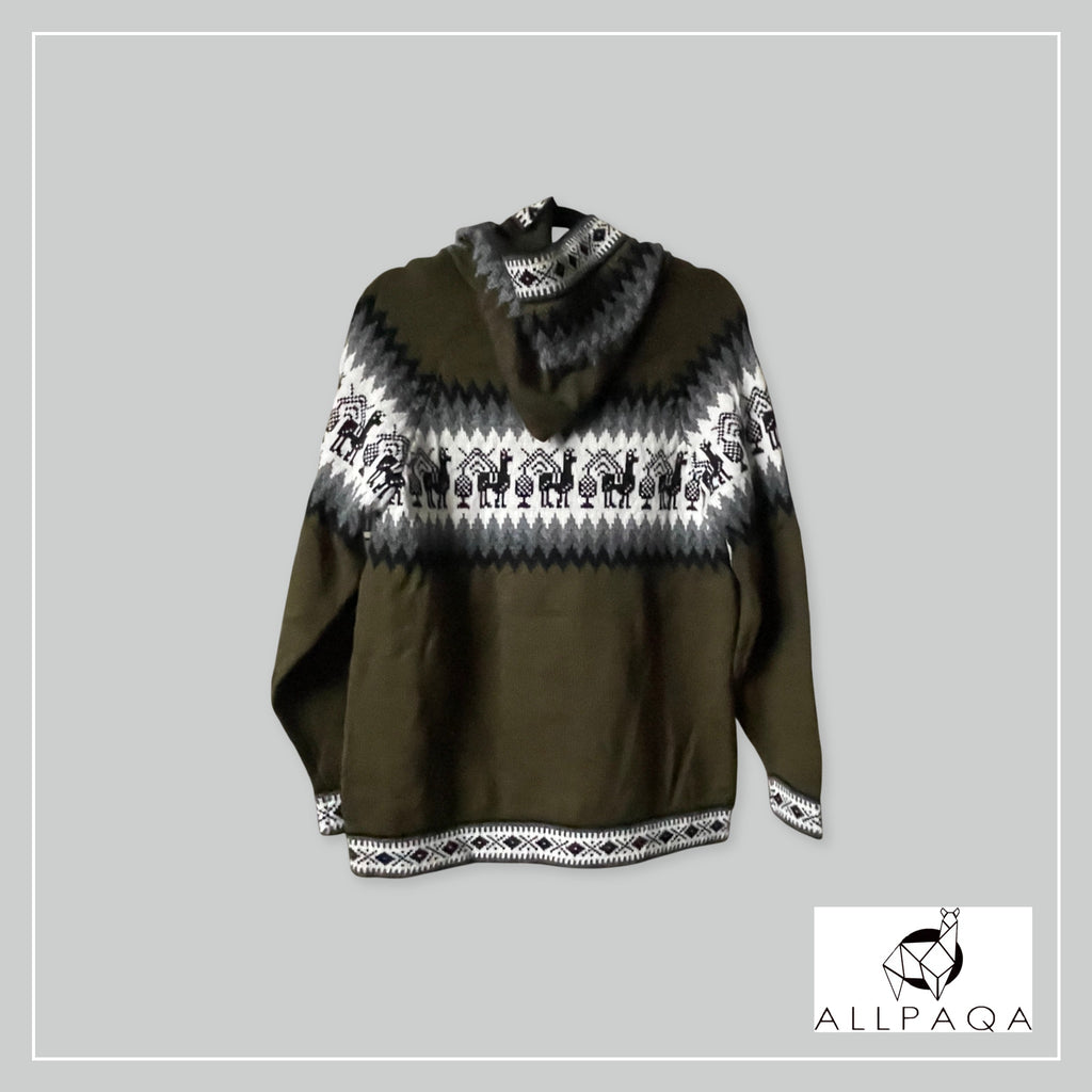 Handmade alpaca zip-up hoodie in olive green with grey and white alpaca pattern