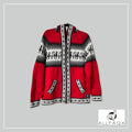 Handmade alpaca zip-up hoodie in red with grey and white alpaca pattern