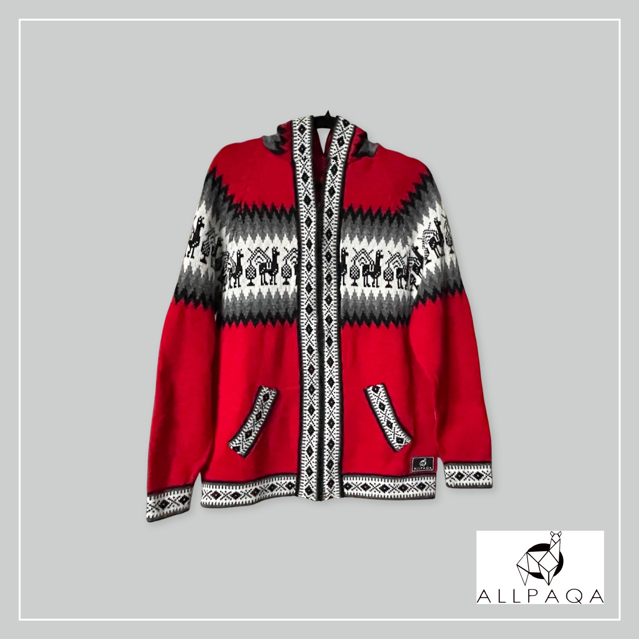 Handmade alpaca zip-up hoodie in red with grey and white alpaca pattern