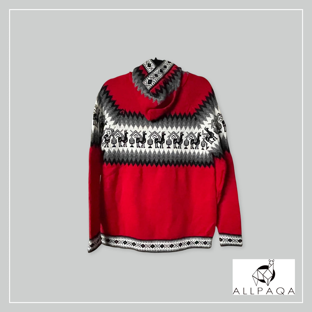 Handmade alpaca zip-up hoodie in red with grey and white alpaca pattern