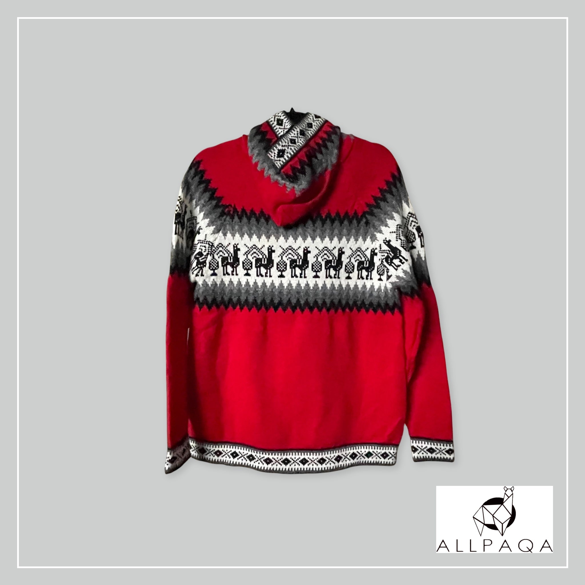 Handmade alpaca zip-up hoodie in red with grey and white alpaca pattern