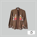 Handmade alpaca zip-up hoodie in brown with Cholitas and alpacas detail