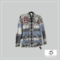 Handmade alpaca zip-up hoodie in shades of blue and grey with alpaca details