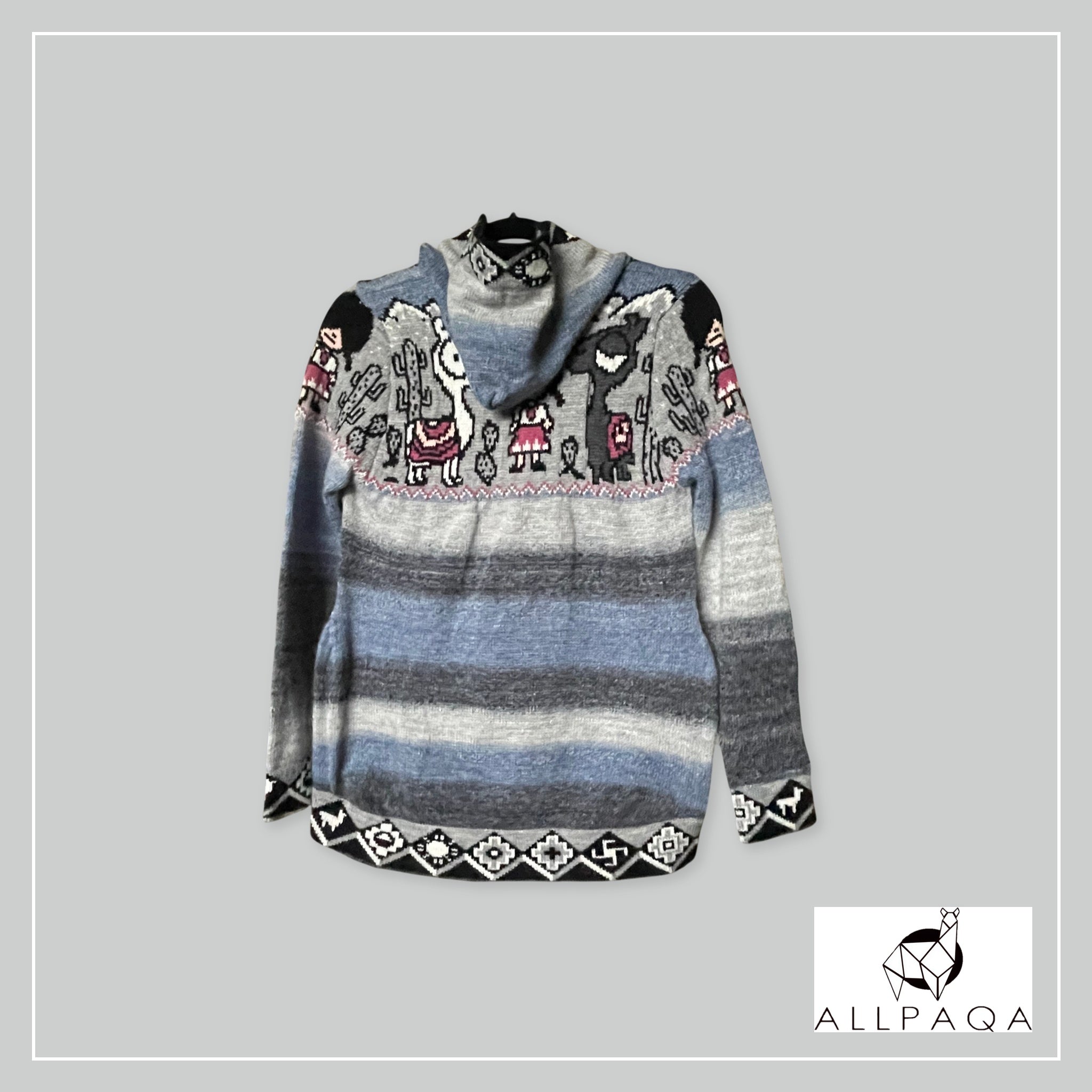Handmade alpaca zip-up hoodie in shades of blue and grey with alpaca details
