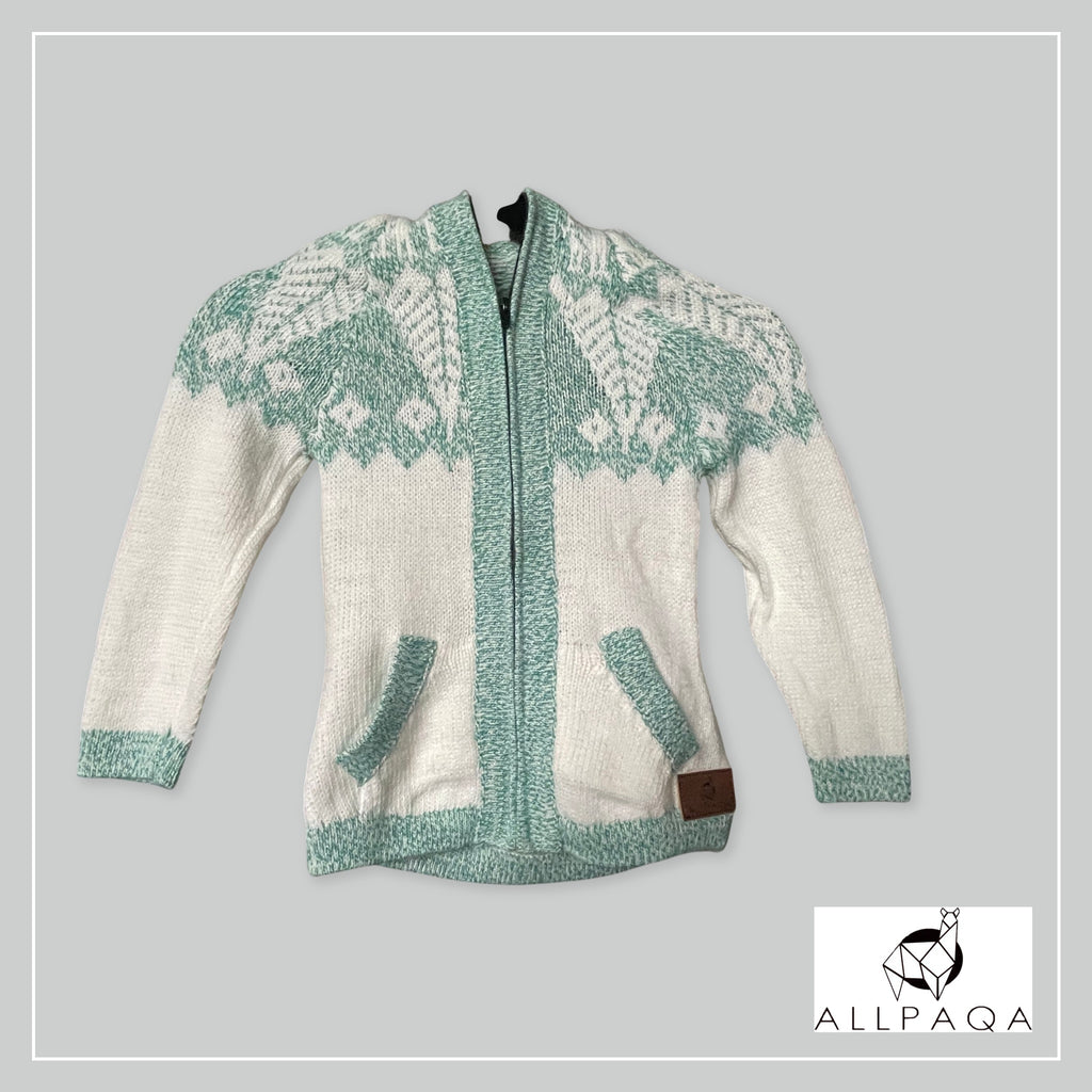 Handmade kids alpaca zip-up hoodie in white with light turquoise green