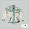 Handmade kids alpaca zip-up hoodie in white with light turquoise green