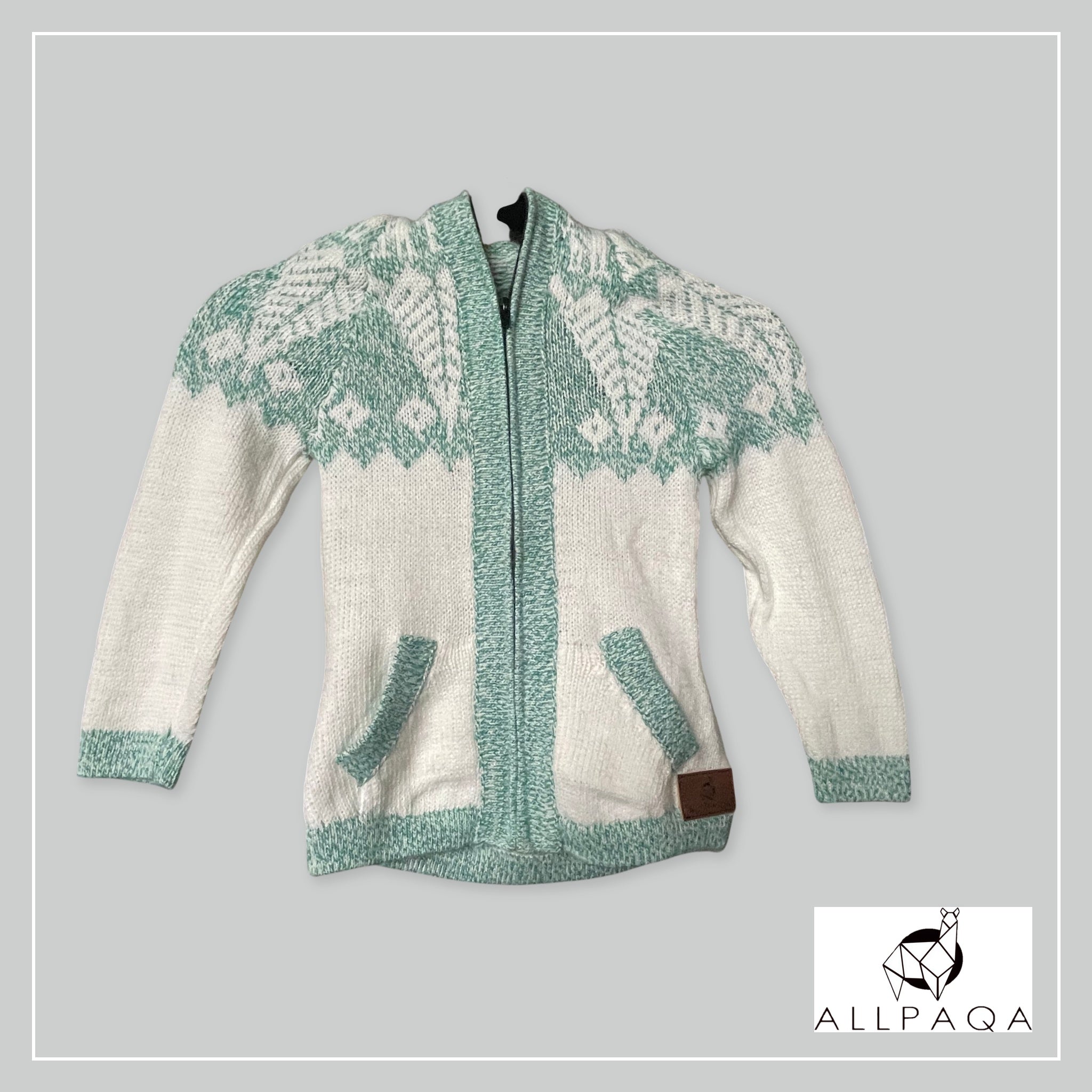 Handmade kids alpaca zip-up hoodie in white with light turquoise green