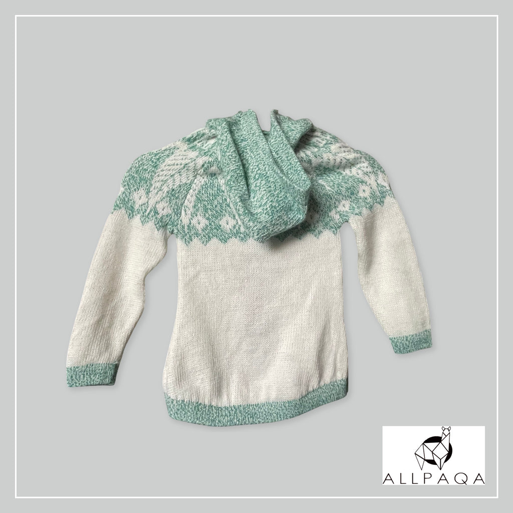 Handmade kids alpaca zip-up hoodie in white with light turquoise green