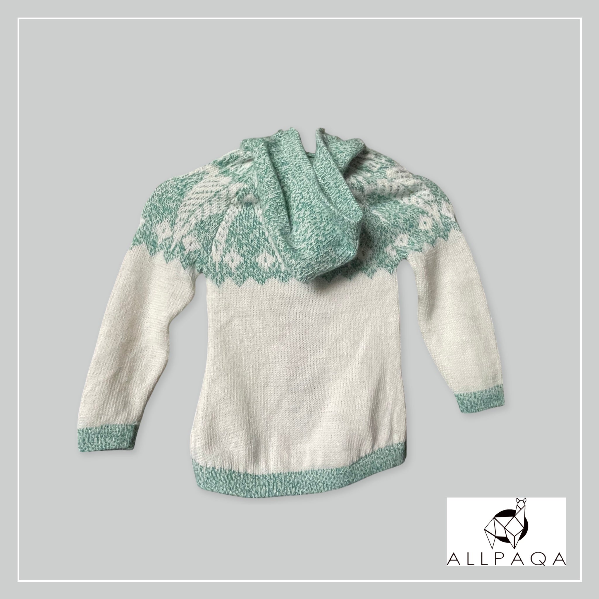 Handmade kids alpaca zip-up hoodie in white with light turquoise green