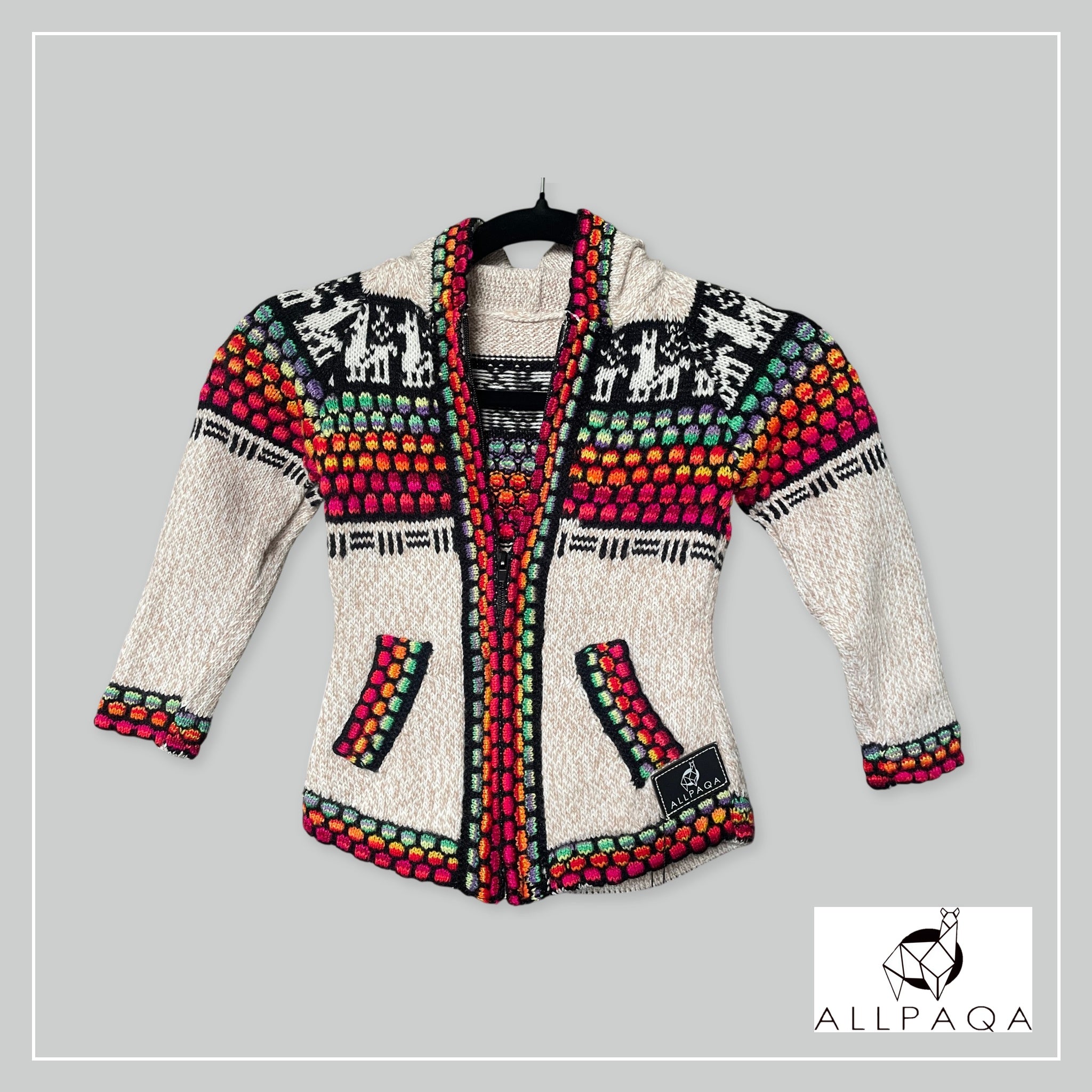 Handmade kids alpaca zip-up hoodie in cream with multicolour details
