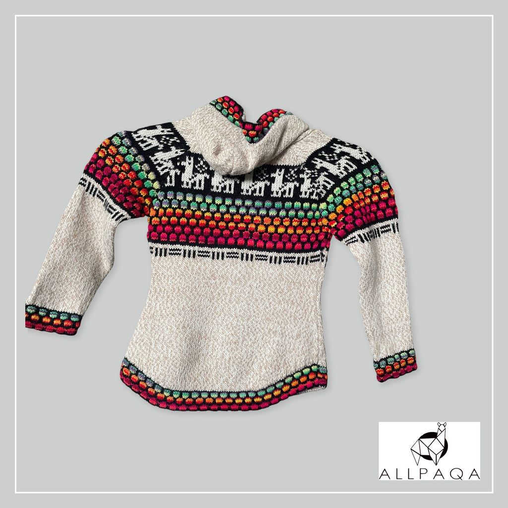 Handmade kids alpaca zip-up hoodie in cream with multicolour details