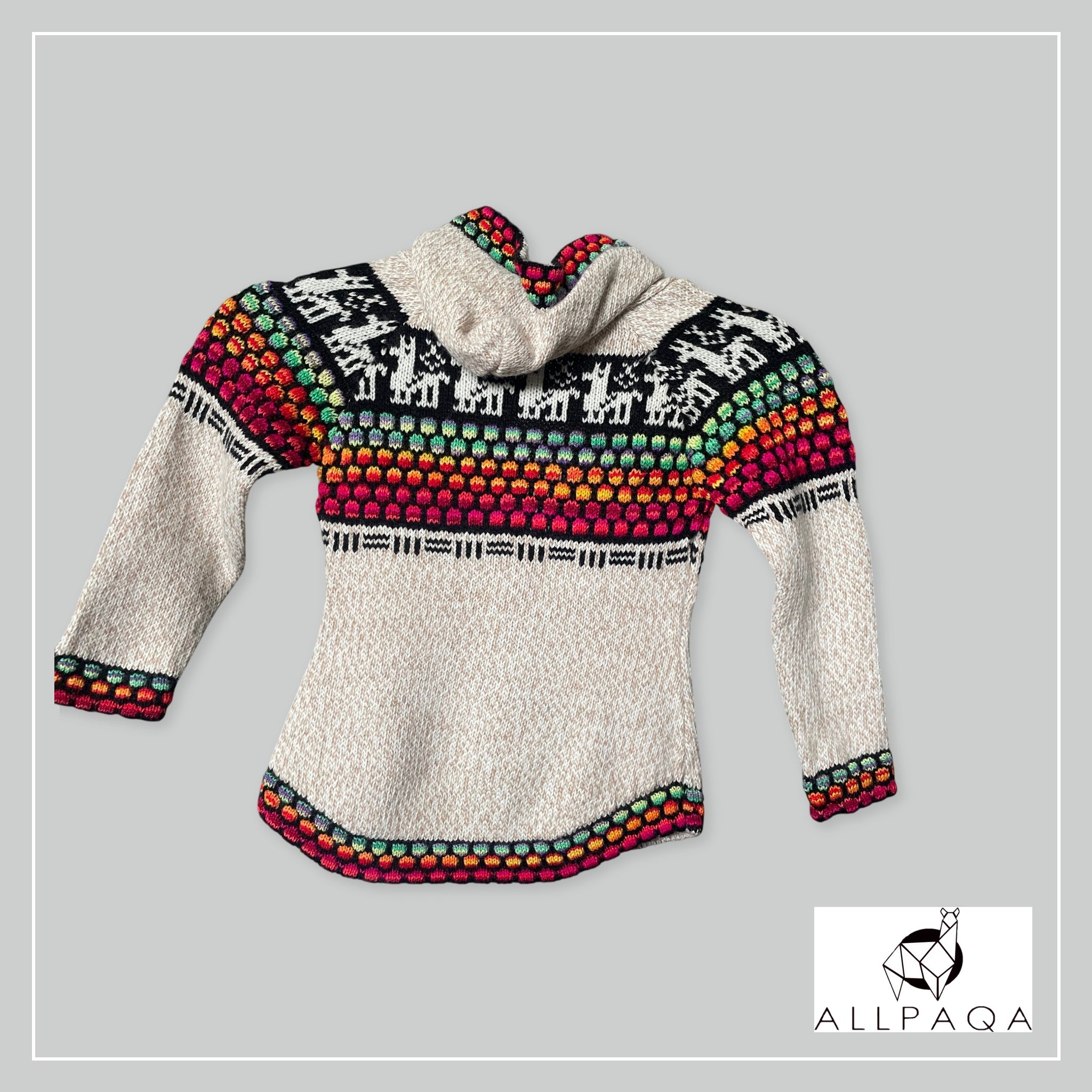 Handmade kids alpaca zip-up hoodie in cream with multicolour details