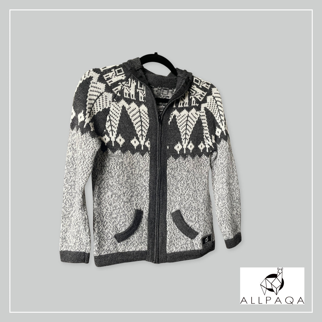 Handmade kids alpaca zip-up hoodie in shades of grey with white