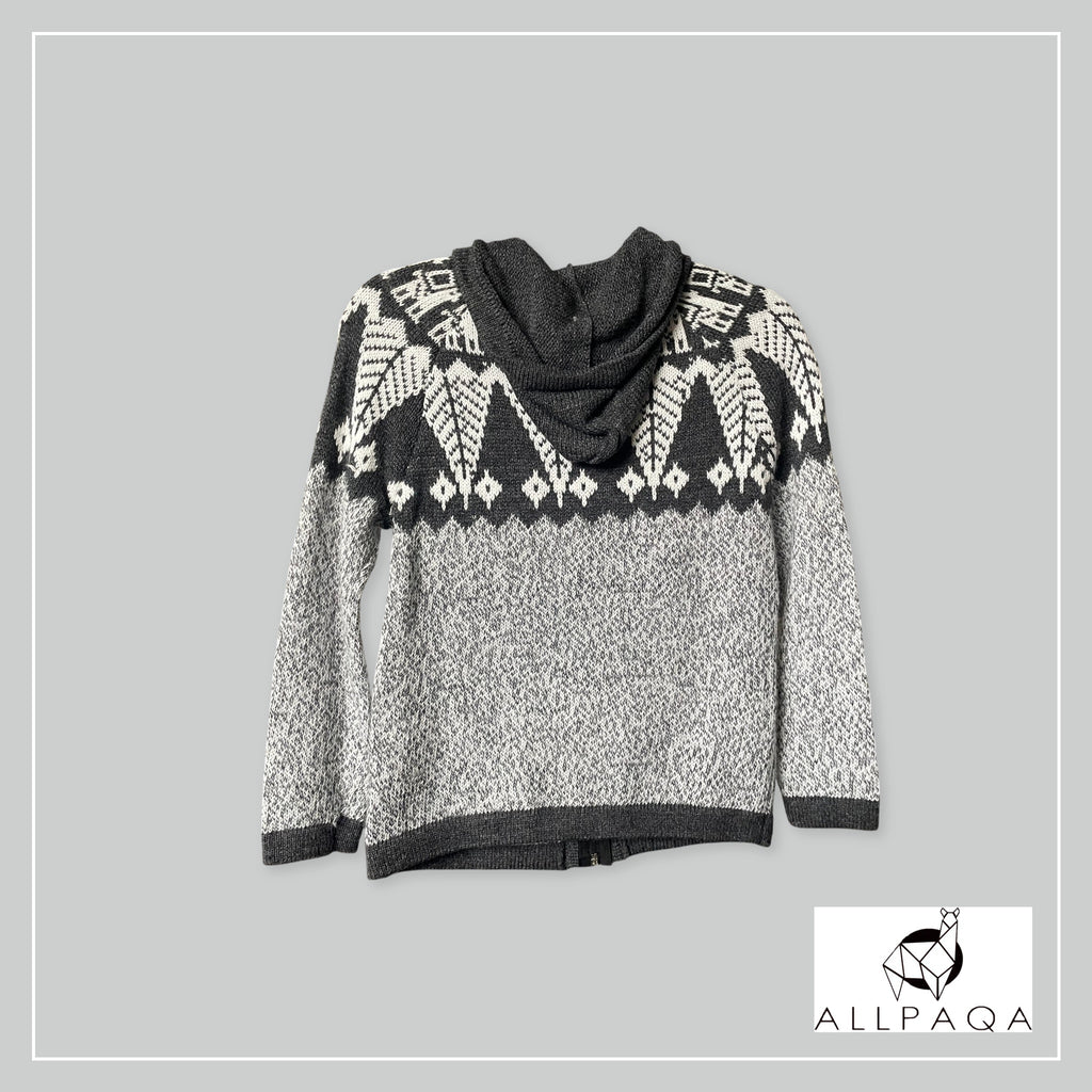 Handmade kids alpaca zip-up hoodie in shades of grey with white