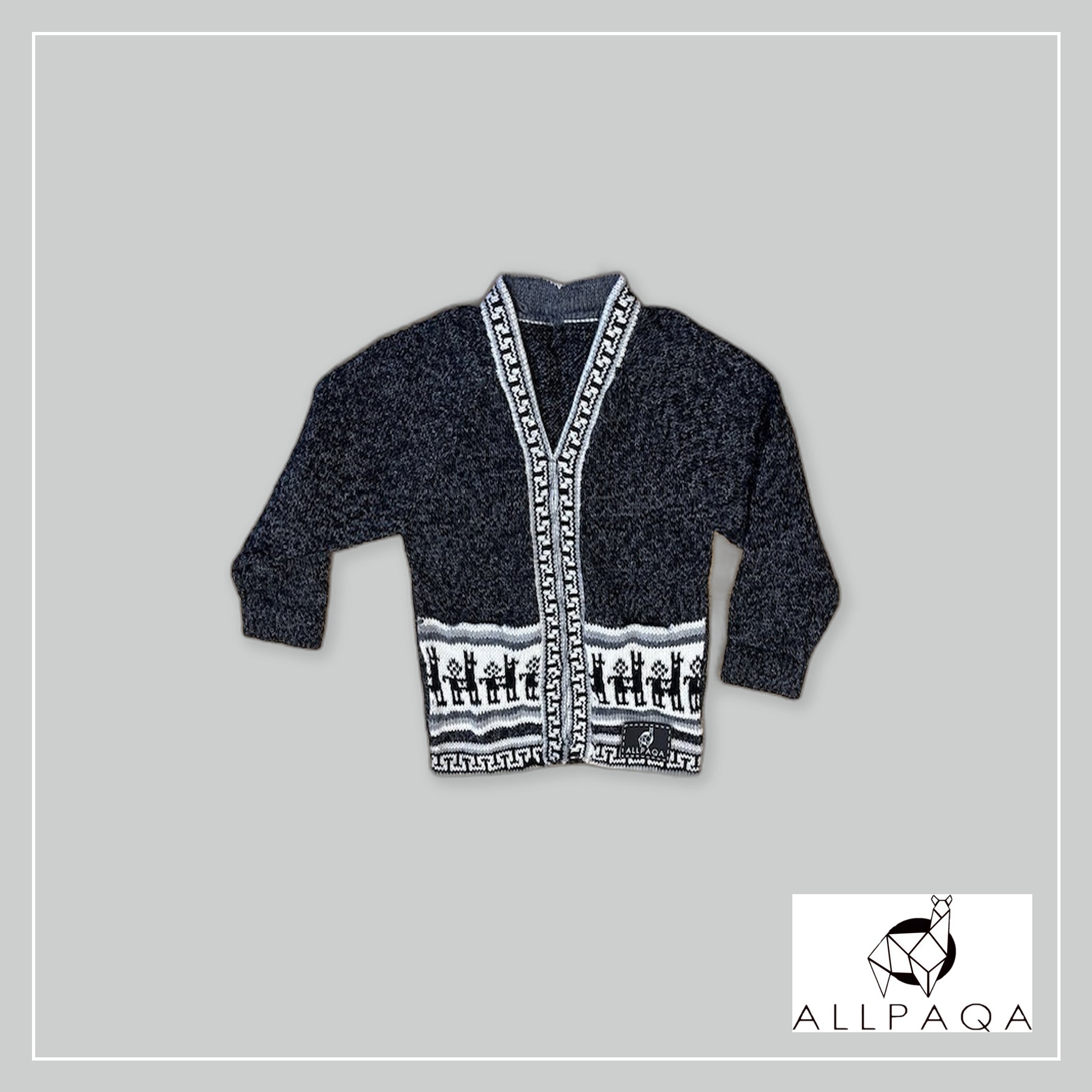 Kids Buttoned Cardigan - Black with Alpacas