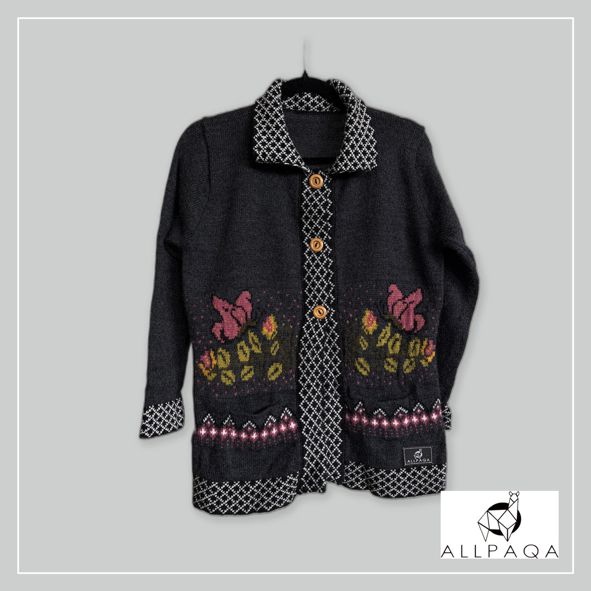 Handmade alpaca cardigan in Dark grey with pink butterflies details