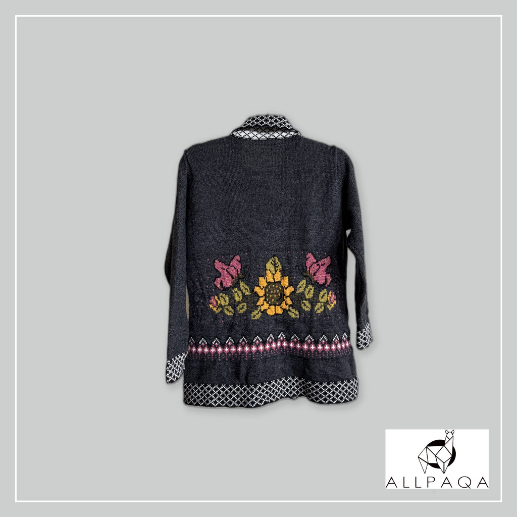 Handmade alpaca cardigan in Dark grey with pink butterflies details - additional image