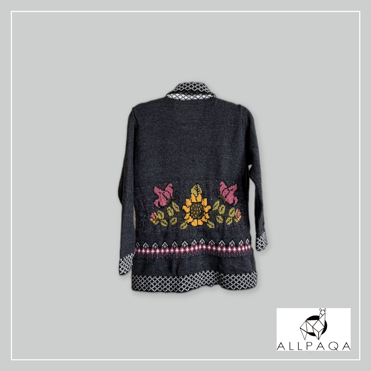 Handmade alpaca cardigan in Dark grey with pink butterflies details - additional image