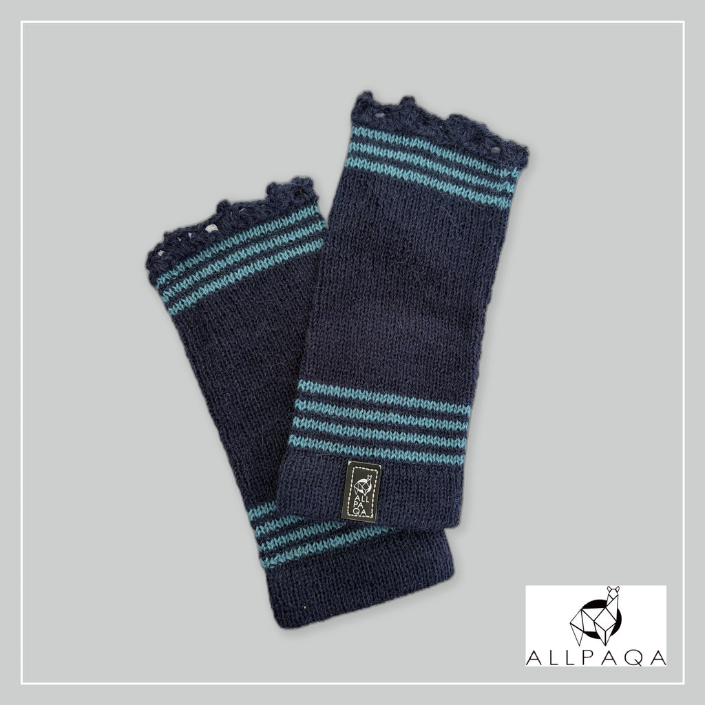 Handmade alpaca fingerless gloves in Dark blue with blue stripes