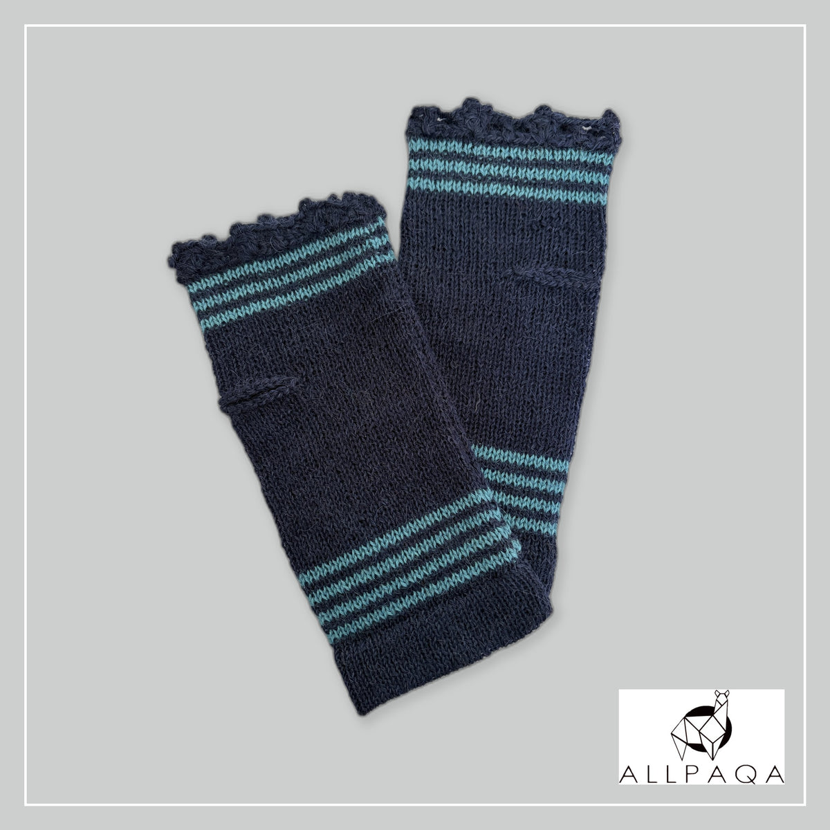Handmade alpaca fingerless gloves in Dark blue with blue stripes - additional image