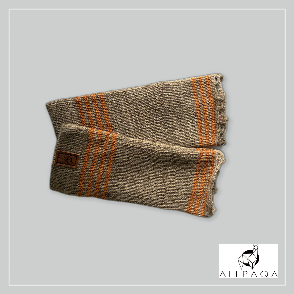 Handmade alpaca fingerless gloves in Light brown with oranges stripes