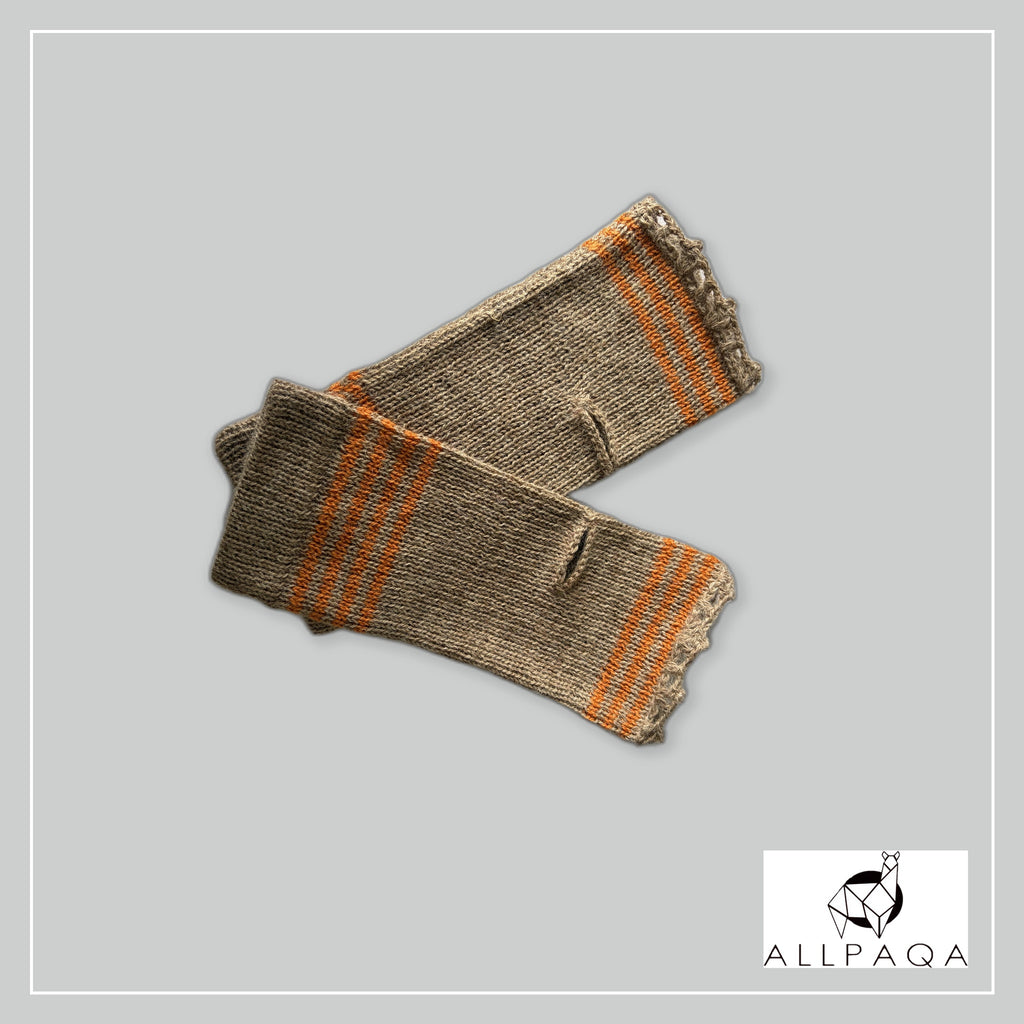 Handmade alpaca fingerless gloves in Light brown with oranges stripes - additional image