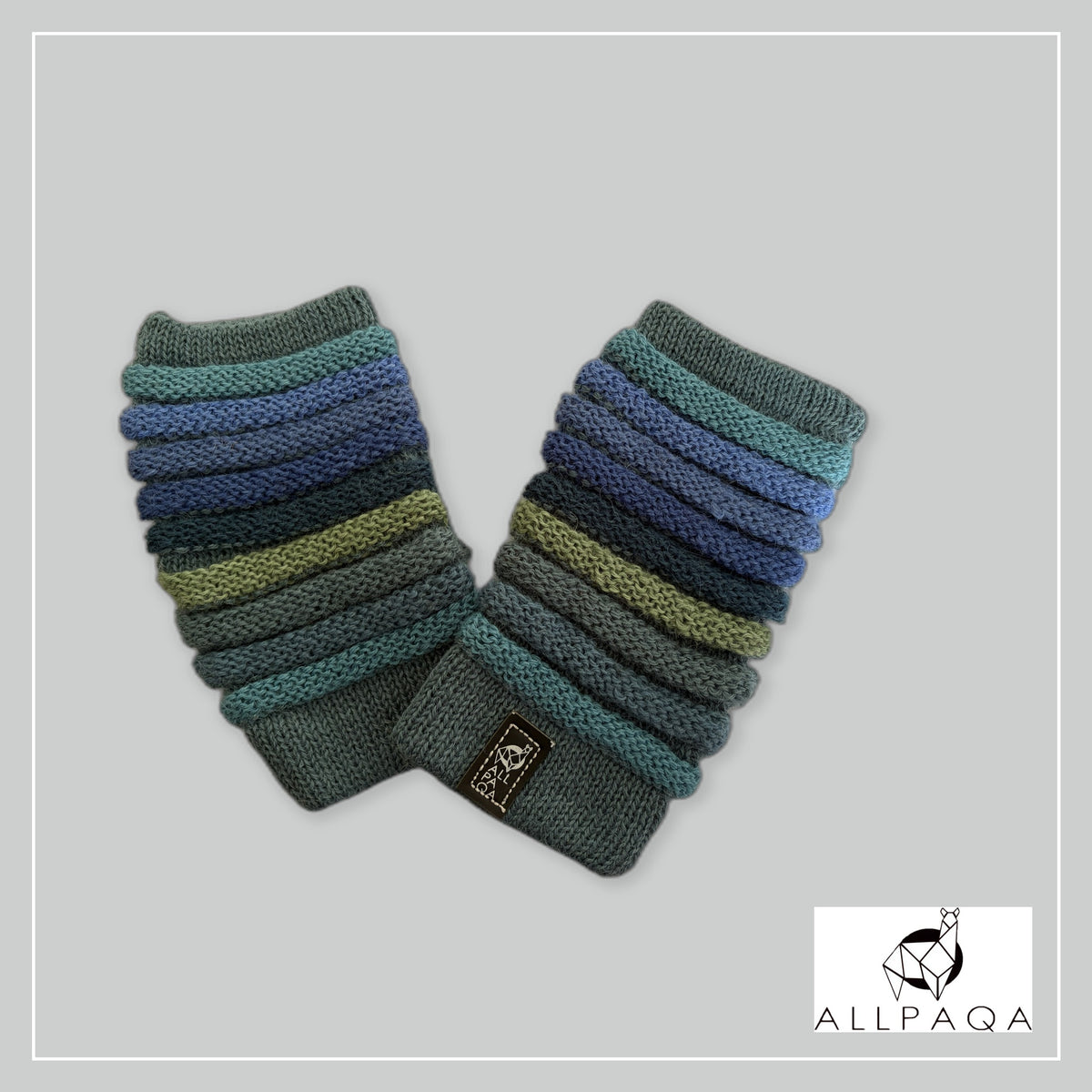Handmade alpaca fingerless gloves in Cool blue and green tones