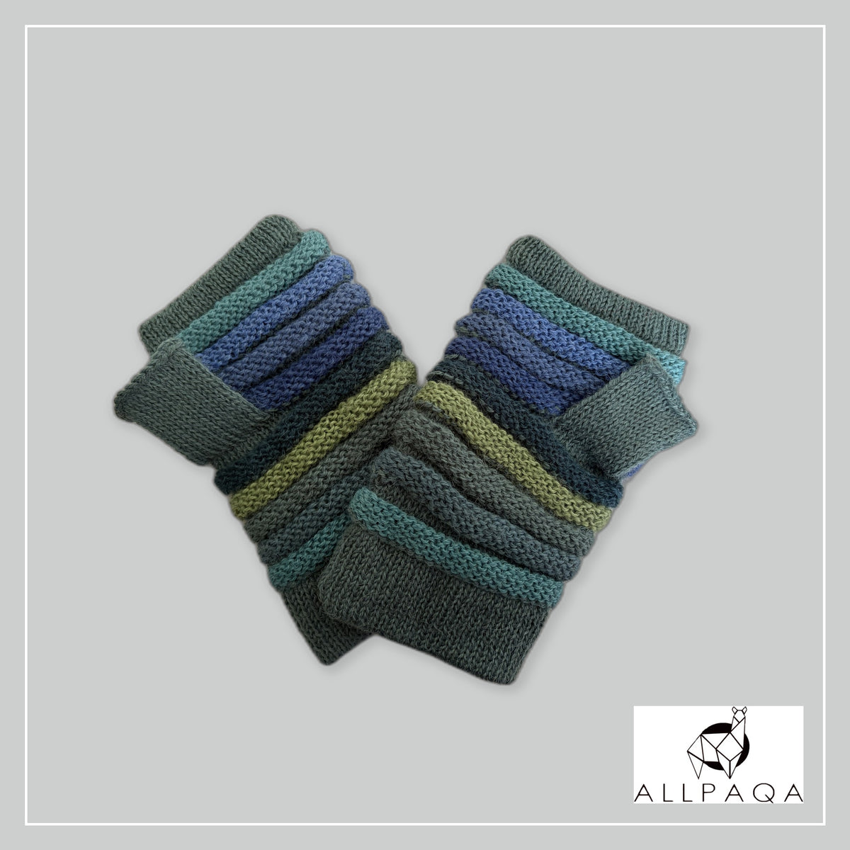 Handmade alpaca fingerless gloves in Cool blue and green tones - additional image