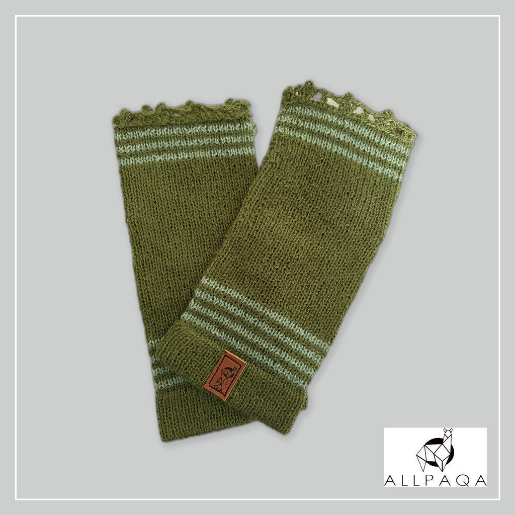 Handmade alpaca fingerless gloves in Olive green with light green stripes