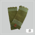 Handmade alpaca fingerless gloves in Olive green with light green stripes