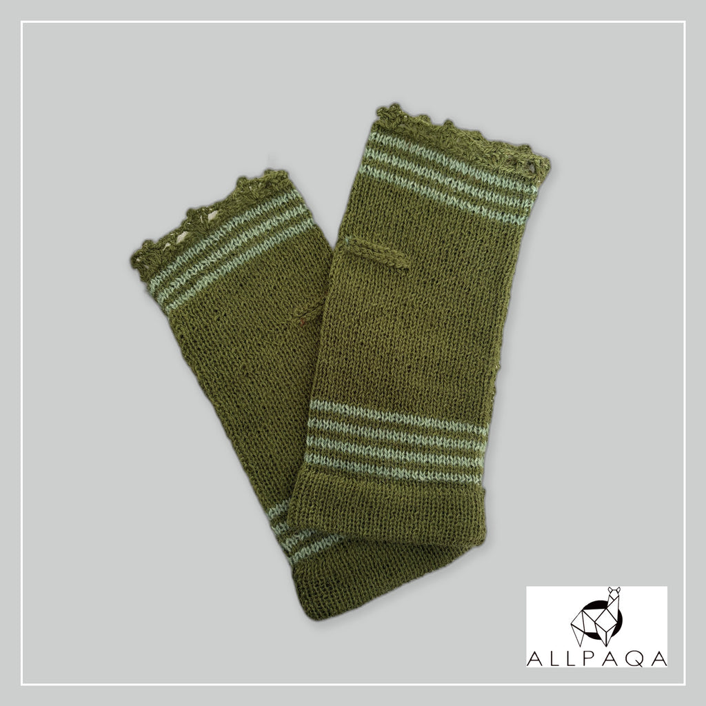 Handmade alpaca fingerless gloves in Olive green with light green stripes - additional image