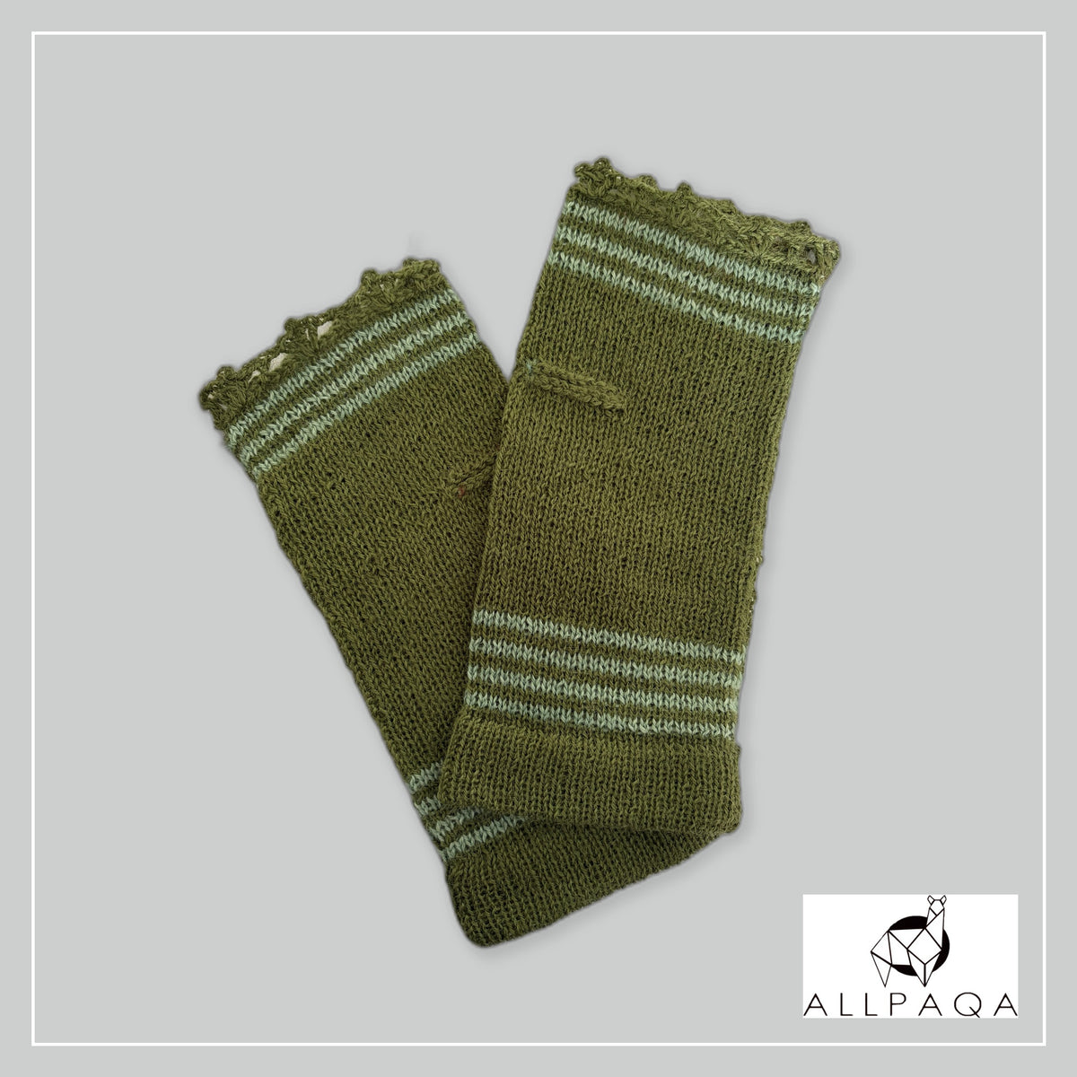 Handmade alpaca fingerless gloves in Olive green with light green stripes - additional image