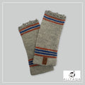 Handmade alpaca fingerless gloves in Grey with orange and blue stripes