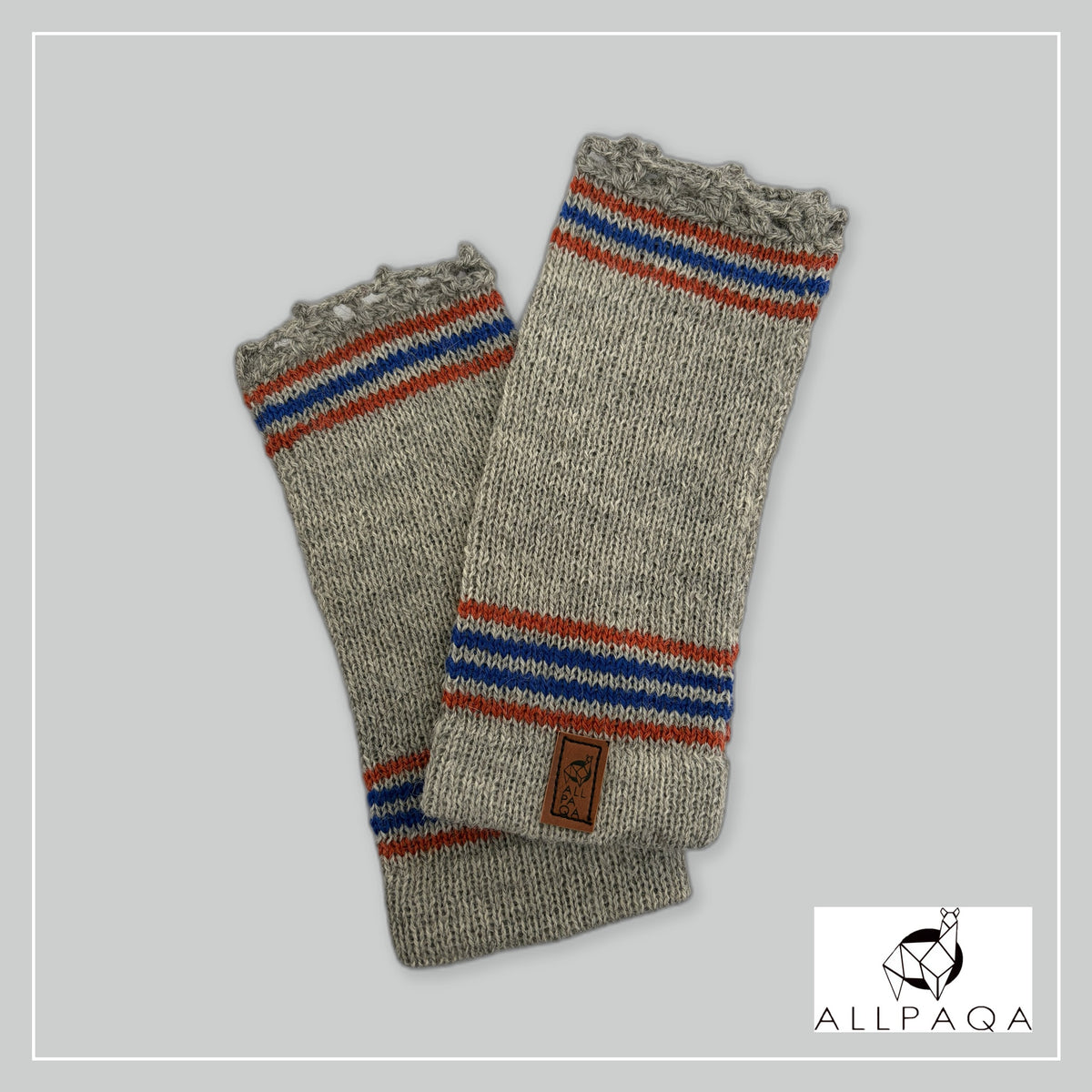 Handmade alpaca fingerless gloves in Grey with orange and blue stripes