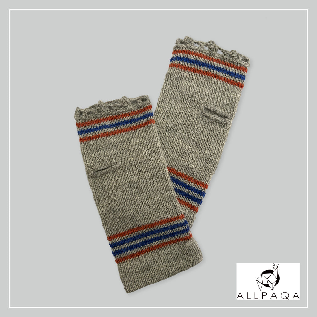 Handmade alpaca fingerless gloves in Grey with orange and blue stripes - additional image