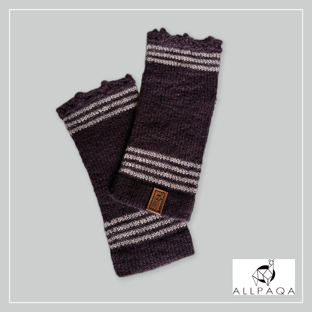 Handmade alpaca fingerless gloves in Dark purple with light purple stripes