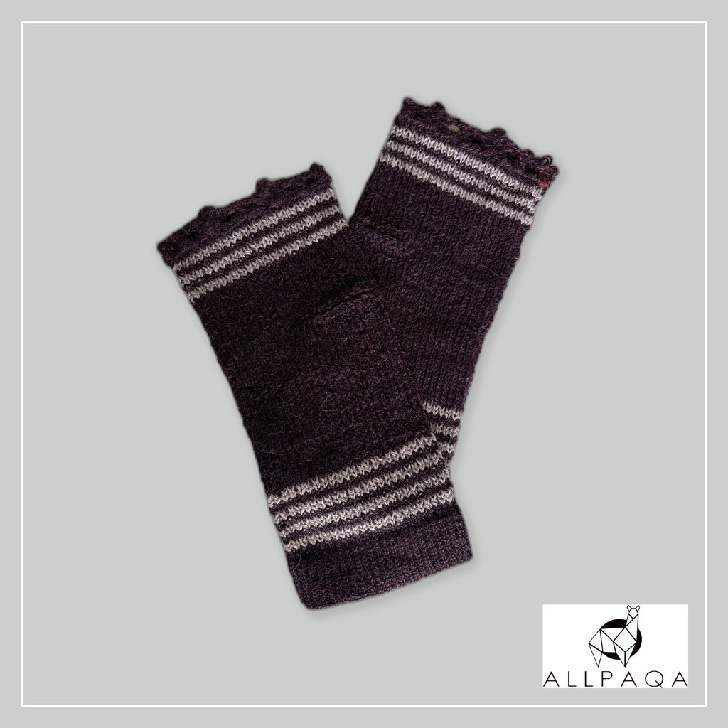Handmade alpaca fingerless gloves in Dark purple with light purple stripes - additional image