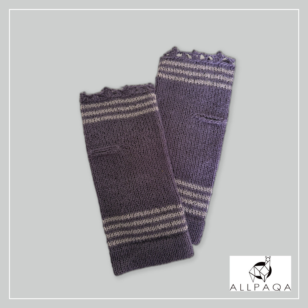 Handmade alpaca fingerless gloves in Purple with light purple stripes - additional image