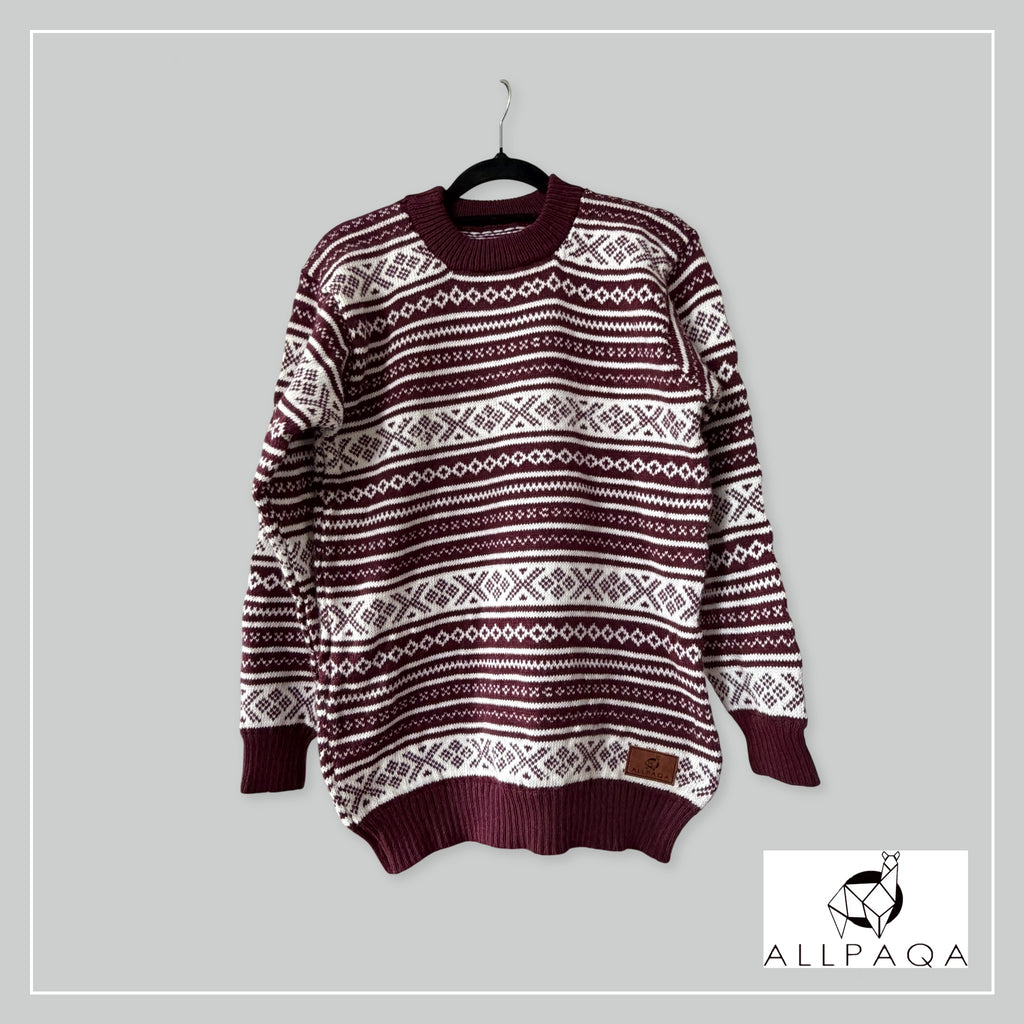 Handmade alpaca jersey in Burgundy and white