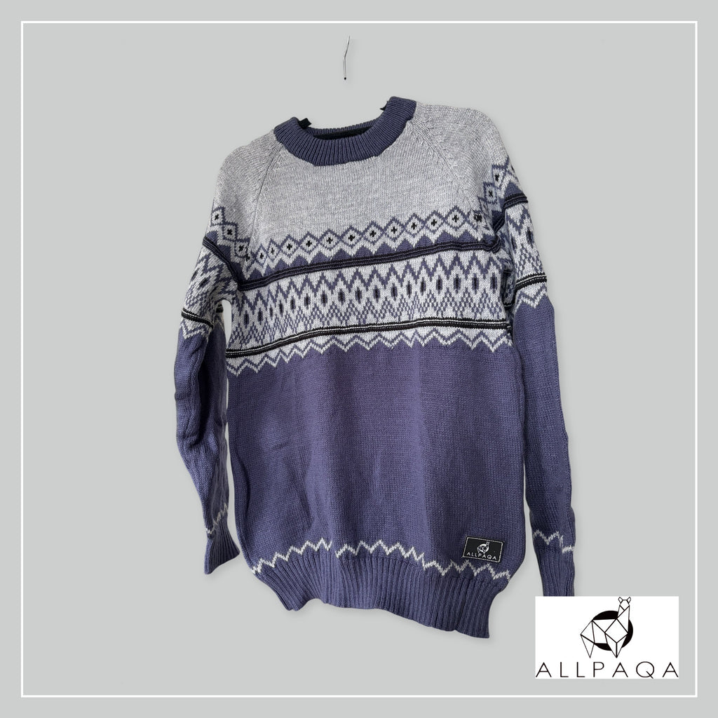 Handmade alpaca jersey in Blue and light grey